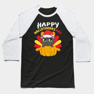 Happy Hallo Thanksmas Cute Cat Wearing Santa Hat Pumpkin Turkey Gift Baseball T-Shirt